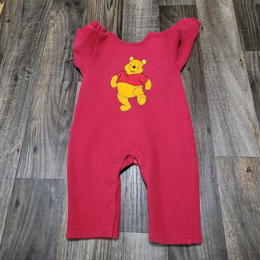 VTG Disney Store 12m Y2K Embroidered Romper One Piece Winnie The Pooh Red‎